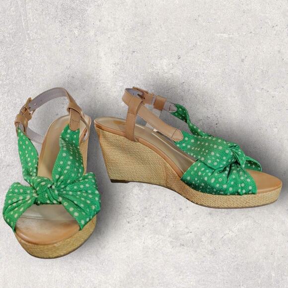 Kate Spade New York Green Polka Dot Wedge Heel Sandal Size 8.5 Slingback Shoes - Picture 1 of 12